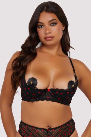 Elodie Black And Red Rosebud Embroidery Quarter Cup Bra | UK 8 | Playful Promises