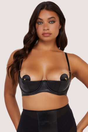 Iris Black Leatherette Quarter Cup Open Bra | UK 12 | Playful Promises