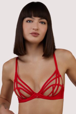 Ramona Red Strap Detail Illusion Sheer Plunge Bra | UK 30E | Playful Promises