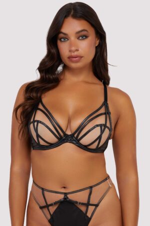 Ramona Black Leatherette Strap Detail Illusion Mesh Bra | UK 30H | Playful Promises