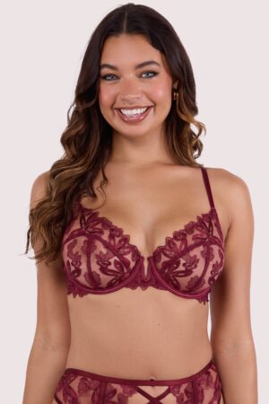 Eva Dark Cherry Graphic Embroidery Balconette Bra | UK 32C | Wolf & Whistle