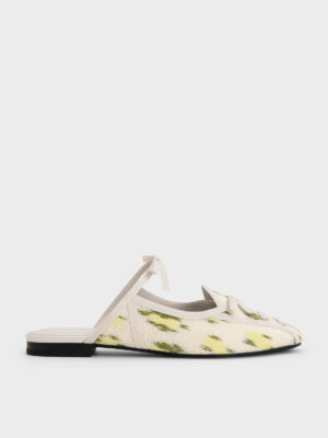 Charles & Keith - Floral-Print Lace-Up Bow Ballet Mules