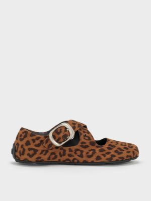 Charles & Keith - Faux Suede Leopard-Print Crossover-Strap Mary Janes