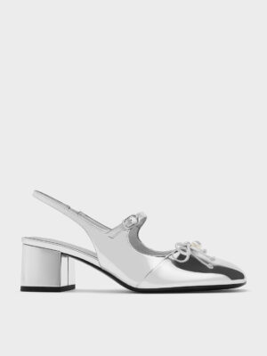 Charles & Keith - Metallic Bow Crystal-Pearl Slingback Mary Jane Pumps