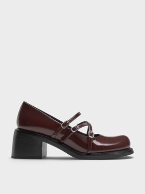 Charles & Keith - Patent Triple-Strap Crossover Block-Heel Mary Janes