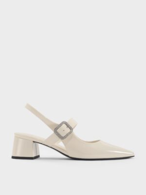 Charles & Keith - Patent Crystal-Buckle Block-Heel Slingback Pumps