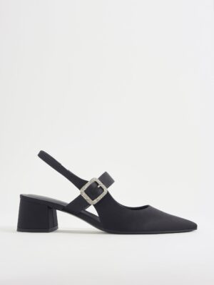 Charles & Keith - Satin Crystal-Buckle Block-Heel Slingback Pumps
