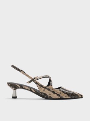 Charles & Keith - Pauline Snake-Print Crossover Slingback Kitten Heels