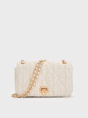 Charles & Keith - Arwen Tweed Diamond-Quilt Braided-Strap Shoulder Bag