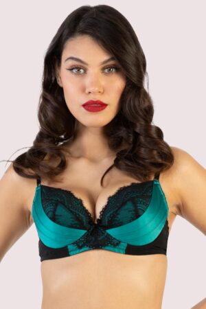 Melda Teal Satin And Lace Bra | UK 34F | Bettie Page Lingerie