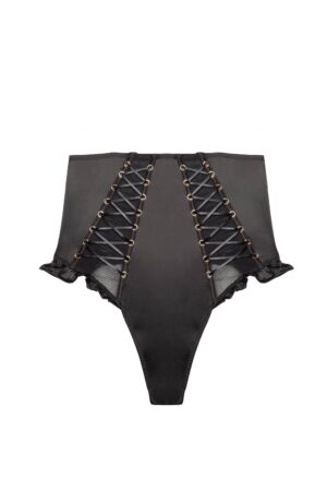 Marina Black Satin Lace-Up High Waisted Thong | UK 8 | Bettie Page Lingerie