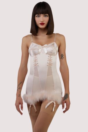 Elsie Peach Spiral Cup Feather Hem Corselette Slip | UK 16 | Bettie Page Lingerie
