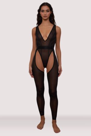 Gigi Black Mesh Festival Catsuit | UK 12 | Wolf & Whistle After Dark