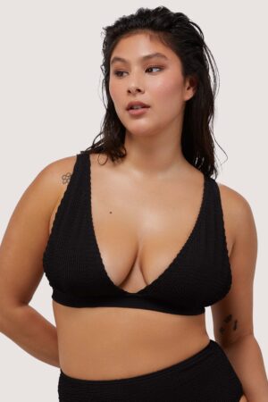 Black Textured Non Wired Plunge Bikini Top Fuller Bust Exclusive | UK 10E/F | Wolf & Whistle