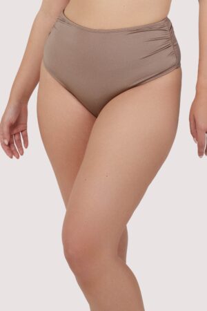 Jade Taupe Neutral High Waist High Leg Ruched Bikini Bottom | UK 12 | Wolf & Whistle