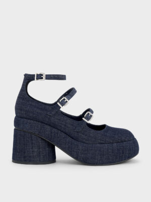 Charles & Keith - Luella Denim Triple-Strap Mary Jane Platform Pumps
