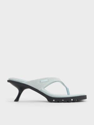 Charles & Keith - Denim V-Strap Slant-Heel Thong Mules