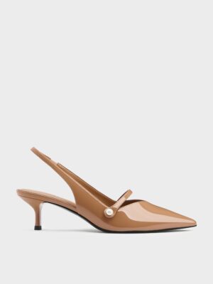 Charles & Keith - Helena Patent Pearl-Buckle Slingback Kitten Heels