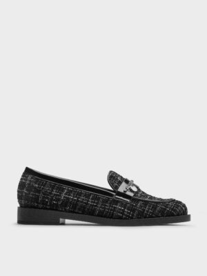 Charles & Keith - Tweed Braided-Chain Metallic-Accent Loafers