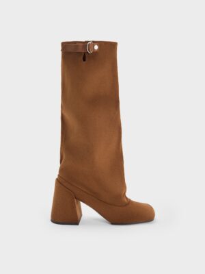 Charles & Keith - Robbie Faux Suede Side-Buckle Block-Heel Knee-High Boots