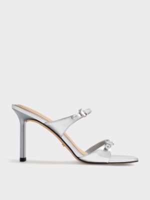 Charles & Keith - Metallic Leather Gem-Buckle Double-Strap Heeled Sandals