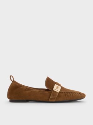Charles & Keith - Cody Suede Metallic-Buckle Ruched Loafers