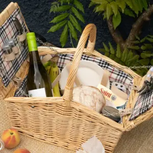 Two Person Wicker Picnic Basket with Natural Check Lining