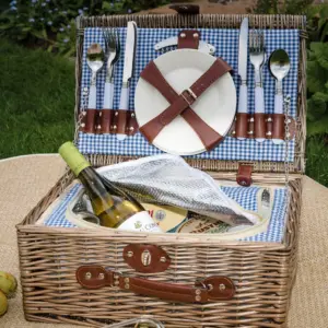 4 Person Light Grey, Blue Gingham Lined Wicker Picnic Basket