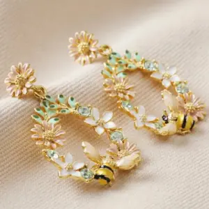 Crystal Flower Gold Plated Earrings with Enamel Bee Design
