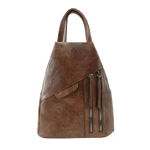 Faux Leather Backpack with Exterior Zippers & Handle Brown