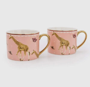 Set of 2 Giraffe Pink Mugs - Luxury Design with Gold Handles