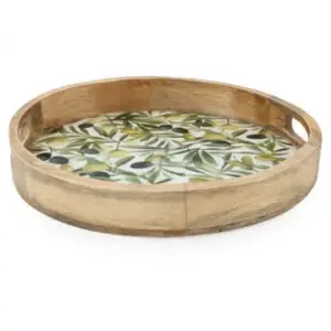 Handcrafted Round Serving Tray | Mango Wood Olives Pattern