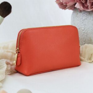 Medium Saffiano Fine Pu Leather Zipped Makeup Bag Coral
