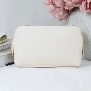 Medium Saffiano Fine Faux Leather Cosmetic Makeup Bag Oyster