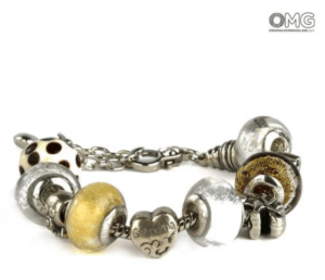 White Bracelet - Original Murano Glass Pandoralike Chrome Beads