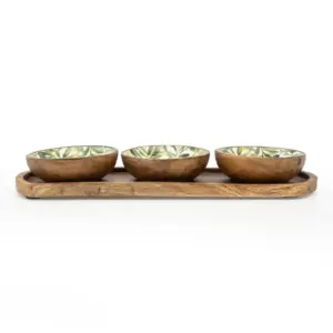 Set of 3 Small Mango Wood Dipping Bowls - Olive Pattern