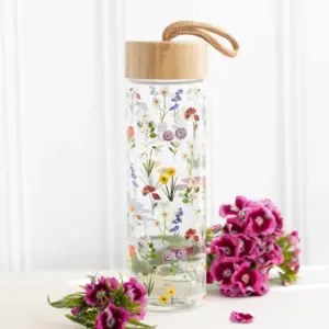 Wildflower Floral Glass and Bamboo Water Bottle Design