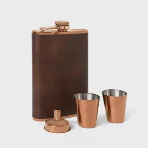 Copper Hip Flask Faux Leather Set with Funnel & Shot Cups