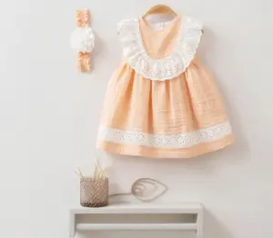 Pretty Peach Cotton Vintage Baby Dress with Headband 18-24 months