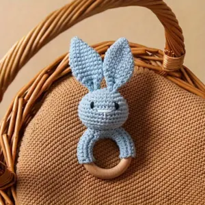 Crochet Rabbit Baby Rattle In Blue for Newborns
