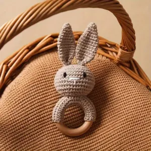 Crochet Rabbit Baby Rattle - Soft Newborn Toy with Wooden Handle