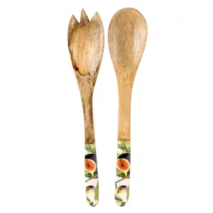 Wooden Serving Spoon and Fork in Fig Pattern