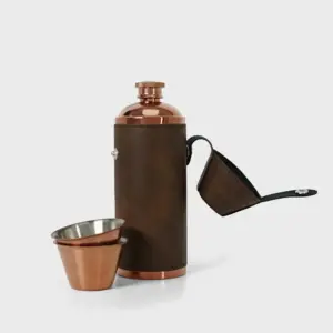 Brown Faux Leather Flask with Copper Shot Cups - Stylish Gift