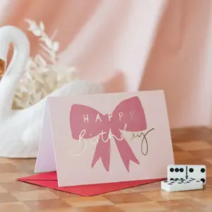 Happy Birthday Gold Foil Pink Bow Card - Elegant Design