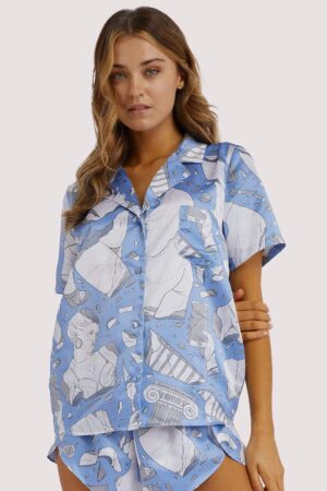 Logan Spector Recycled Blue Statue Satin Shirt | UK 24 | Playful Promises