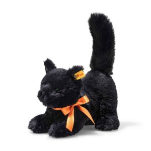 Steiff 099298 Spooky Black Cat Plush Soft Toy Wearing Orange Ribbon