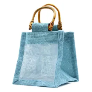 Teal Pure Jute and Cotton Window Small Gift Bag
