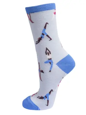Womens Bamboo Yoga Socks - Grey & Blue Ankle Style