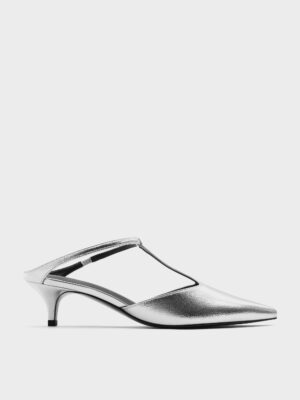Charles & Keith - Metallic T-Bar Pointed-Toe Kitten-Heel Mules