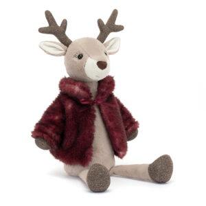 Jellycat VIV3R Vivien Reindeer Sitting Plush Soft Toy Wearing Berry Coloured Coat